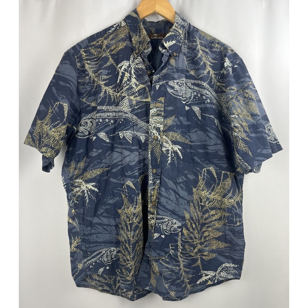 Vintage CAFE LUNA SZ Medium 38/40 FISH HAWAIIAN PRINT CASUAL SHIRT Blue